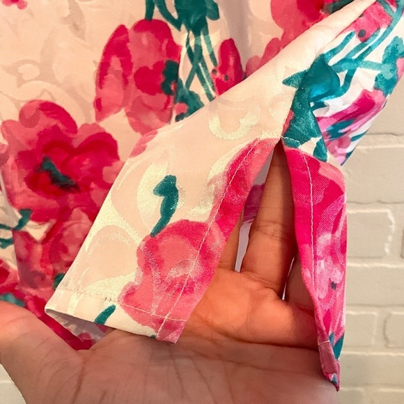 Vintage 80s Blouse Satin Iridescent Floral Paisley Flowy Pink Green White S - Picture 7 of 10